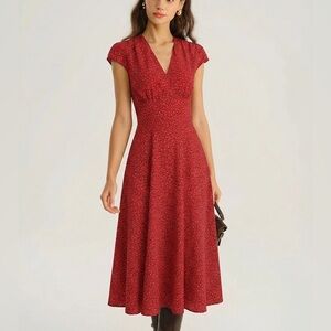 Rihoas Red Cap Sleeve Floral Midi Dress